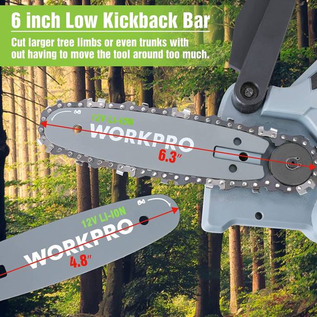 alet WORKPRO mini motorlu testere, 2 akülü akülü elektrikli kompakt zincirli testere, yedek kılavuz çubuğu ve zincir yeni LJR6291