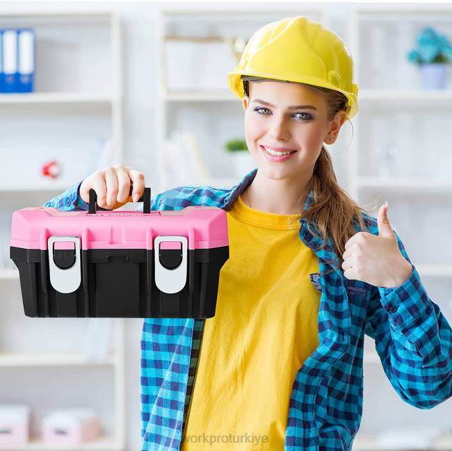 depolamak WORKPRO 16 inç alet kutusu, metal mandallı ve çıkarılabilir tepsili plastik alet kutusu pembe LJR623