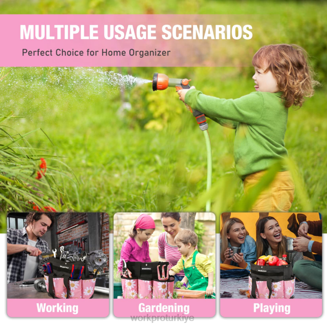 depolamak WORKPRO 9 cepli bahçe alet çantası çiçekli beyaz/çiçekli pembe LJR6286