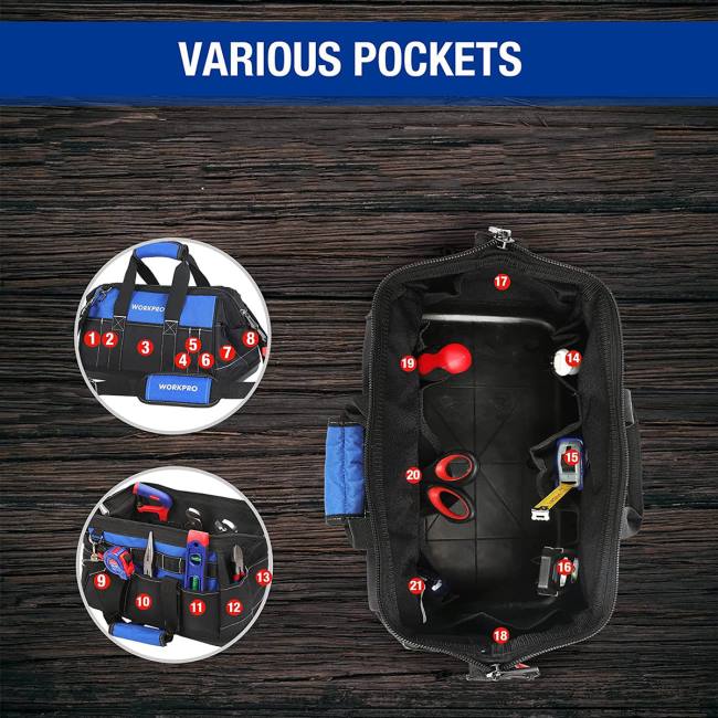 depolamak WORKPRO Su geçirmez kalıplanmış tabanı olan 16 inç geniş ağızlı alet çantası kullanışlı LJR634