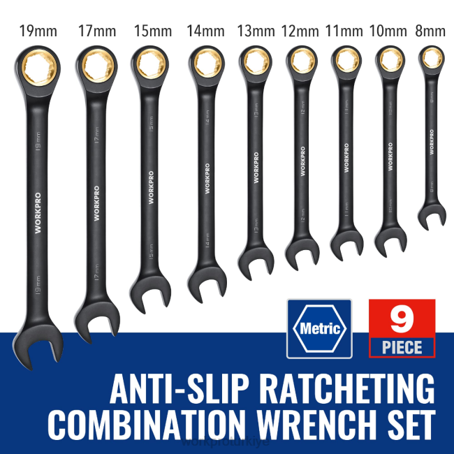 alet WORKPRO 9 parça kaymaz cırcırlı kombine anahtar seti siyah LJR688