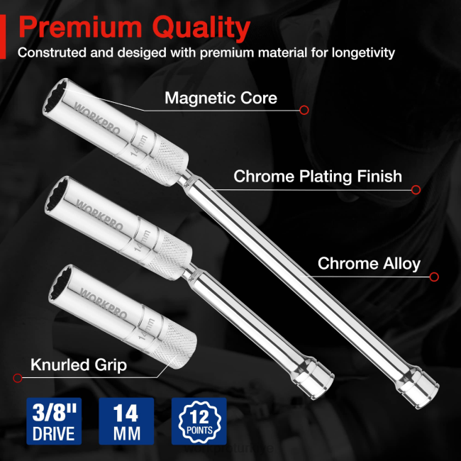 alet WORKPRO 3 adet-14mm ince duvar prizi, 6 ve 10 inç uzatmalımanyetik döner buji lokma seti yardımsever LJR6143