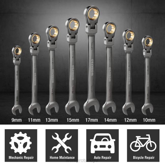 alet WORKPRO 8 adet esnek kafalı cırcırlı kombine anahtar seti, organizatör çantalı kullanışlı LJR686