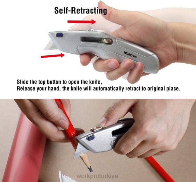 alet WORKPRO geri çekilebilir maket bıçağı ve 2 ekstra bıçakla birlikte otomatik olarak geri çekilen kasa dahildir modern LJR641