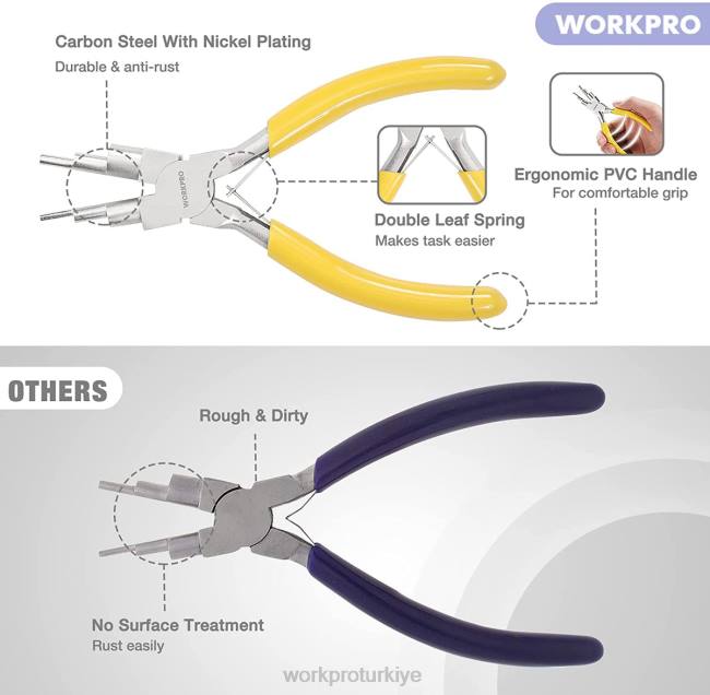 alet WORKPRO 5 adet mücevher pensesi, mücevher aletleri arasında 6'sı 1 arada tel halkalı pense, naylon kargaburun, bükülmüş kargaburun, sivri uçlu cımbız, kavisli cımbız bulunur kullanışlı LJR675