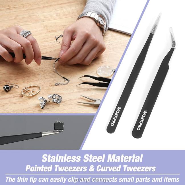 alet WORKPRO 5 adet mücevher pensesi, mücevher aletleri arasında 6'sı 1 arada tel halkalı pense, naylon kargaburun, bükülmüş kargaburun, sivri uçlu cımbız, kavisli cımbız bulunur kullanışlı LJR675