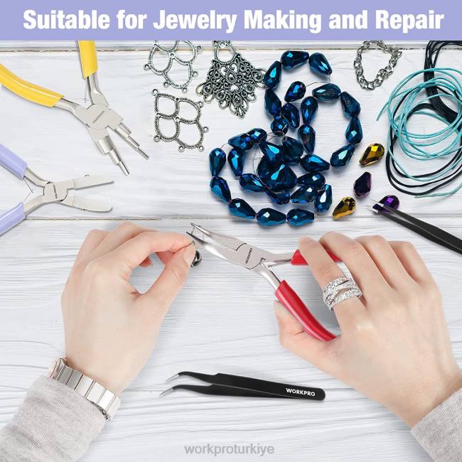 alet WORKPRO 5 adet mücevher pensesi, mücevher aletleri arasında 6'sı 1 arada tel halkalı pense, naylon kargaburun, bükülmüş kargaburun, sivri uçlu cımbız, kavisli cımbız bulunur kullanışlı LJR675
