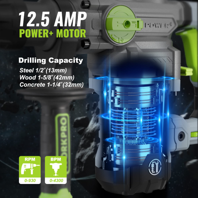 alet WORKPRO 12,5amp 1-1/4 inç premium sds-plus döner darbeli matkap, ağır hizmet tipi kablolu versiyon yardımsever LJR6179