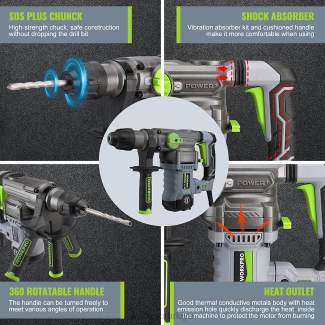 alet WORKPRO 12,5amp 1-1/4 inç premium sds-plus döner darbeli matkap, ağır hizmet tipi kablolu versiyon yardımsever LJR6179