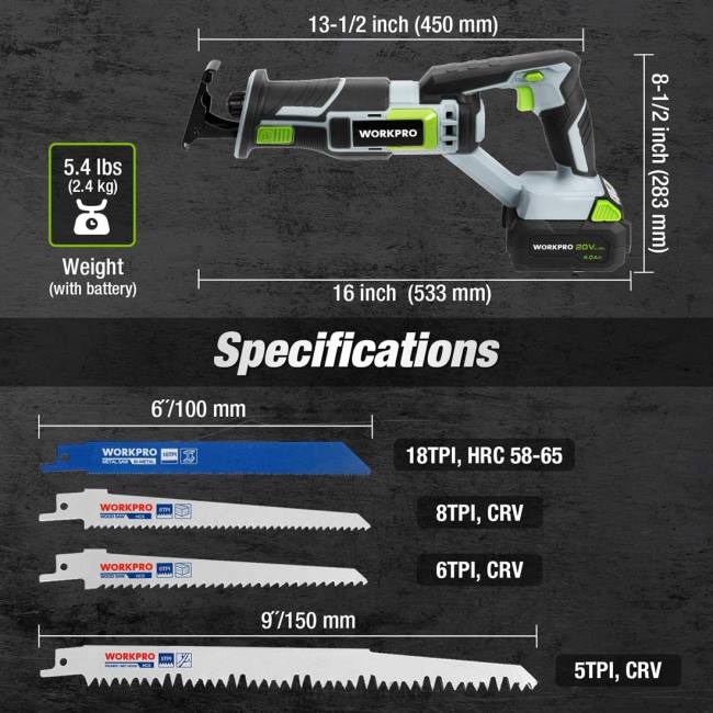 alet WORKPRO akülü panter testere, ahşap ve metal kesme için 4 testere bıçağı dahil yeni LJR6184
