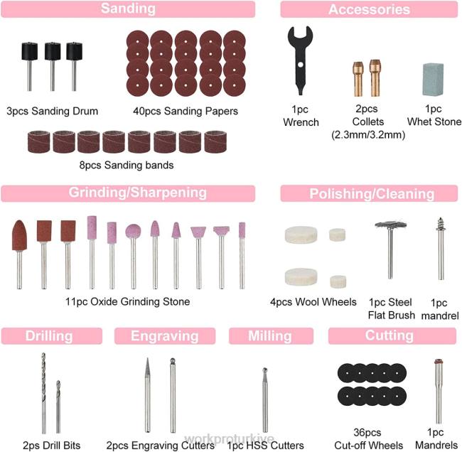 alet WORKPRO 12v akülü döner alet kiti, 5 değişken hız, 114 kolay değiştirilebilen aksesuar pembe LJR6267