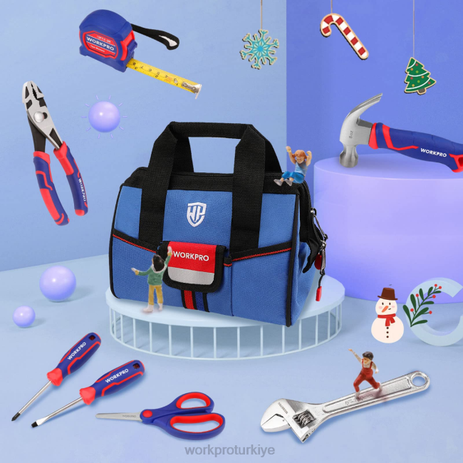 alet WORKPRO Alet çantasıyla birlikte 9 adet çocuk genç alet seti pembe mavi LJR6253